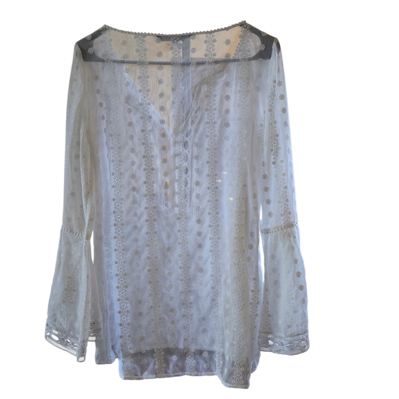 White House Black Market Sheer Embroidered Bell Sleeve Tunic Top XS - Picture 4 of 8